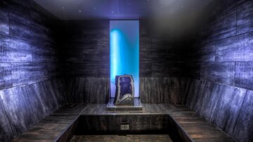 Ein moderner Wellnessbereich mit Holzverkleidung und sanftem Licht. In der Mitte steht ein bequemes Ruhemöbel für Entspannung.