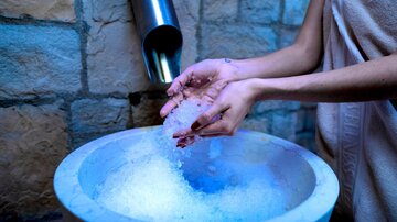 Eine Person wäscht sich die Hände in einem Becken mit Eis. Der Raum hat eine beruhigende Atmosphäre mit gedämpftem Licht.