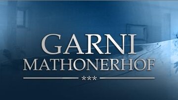 Ein eleganter Schriftzug des Garni Mathonerhof in einem blauen Design. Die Darstellung vermittelt eine entspannende und einladende Atmosphäre.